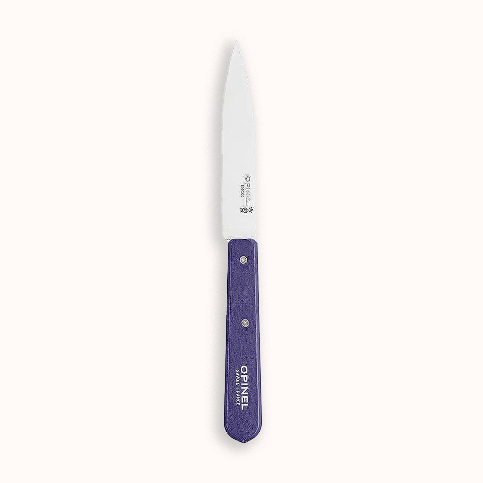 Opinel knife with purple handle on a white background