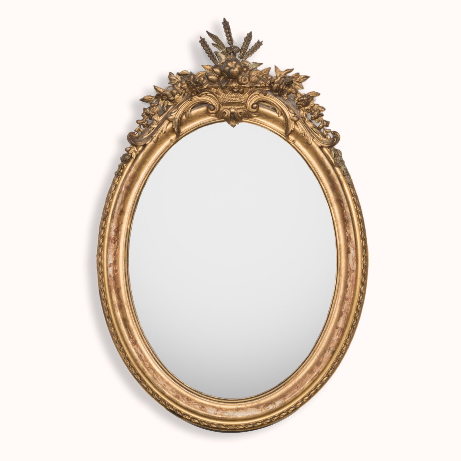 19th C French Oval Gold Leaf Mirror with Crest