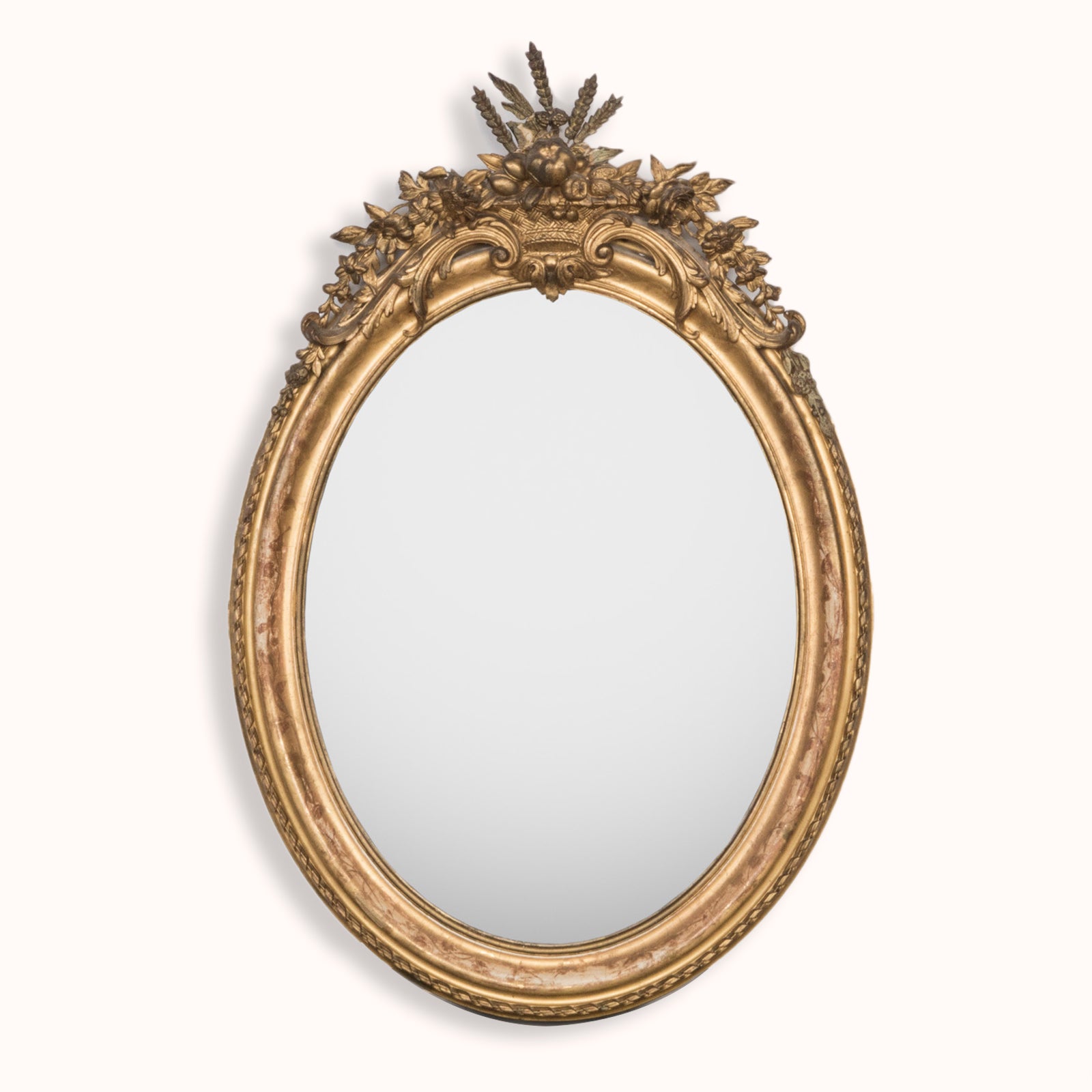 19th C French Oval Gold Leaf Mirror with Crest 