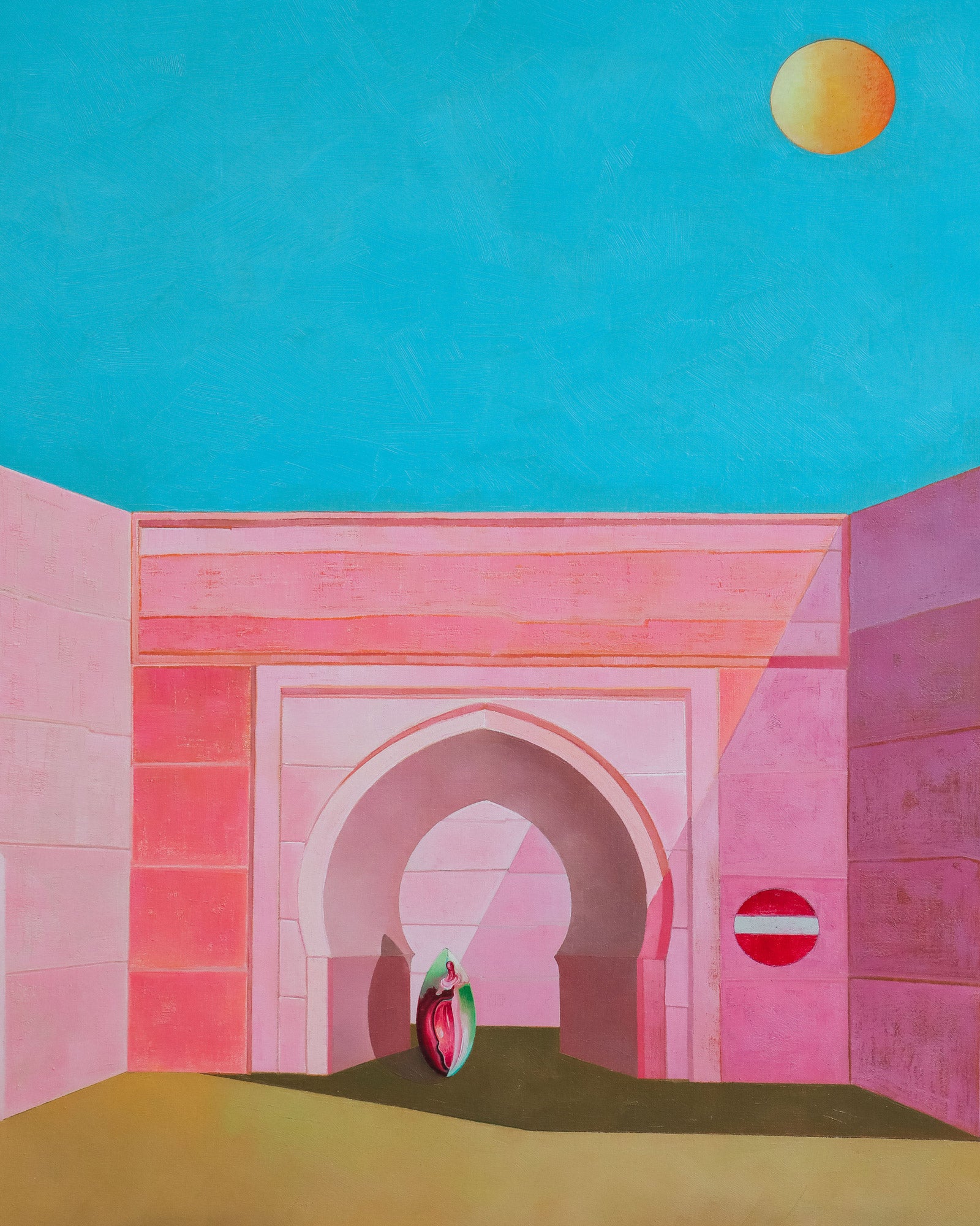 Close-up of a vibrant vintage oil painting depicting a surrealistic cityscape with a pink building and a clear blue sky with a yellow sun or moon