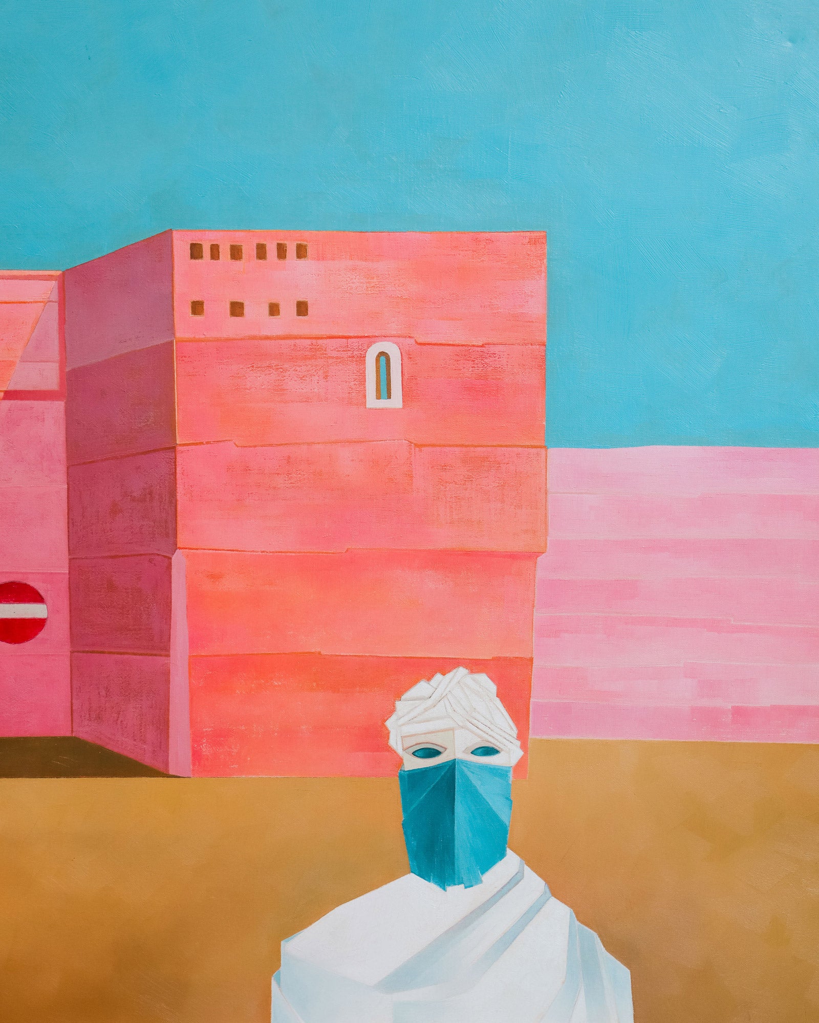 Close-up of a vibrant vintage oil painting depicting a surrealistic cityscape with a pink background, a clear blue sky, and a masked figure with blue eyes standing in the foreground, available at Wildschut Antiques