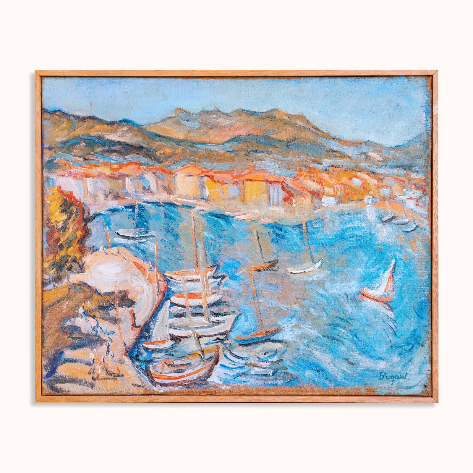 Mid Century French Oil Painting of Port de Sanary Sur Mer by P. Bugard