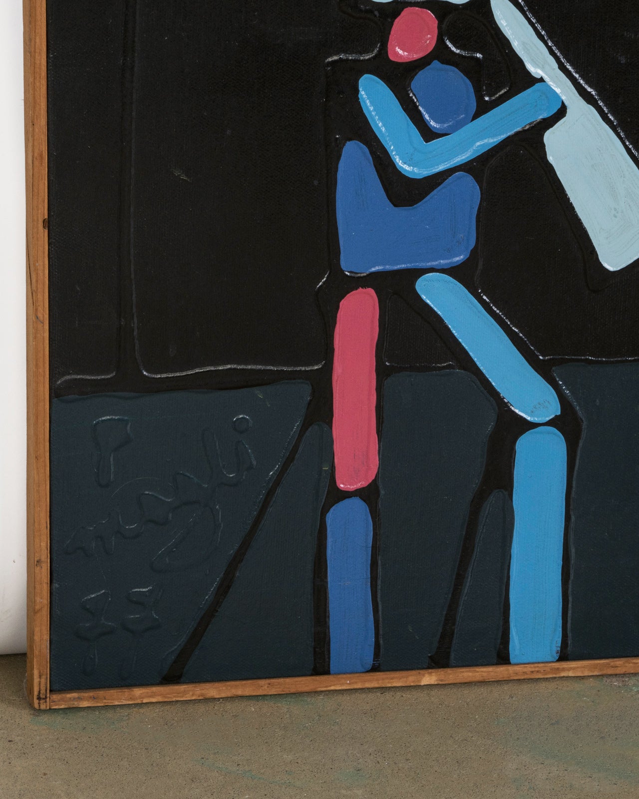 Close-up of an abstract 1970s Italian artwork featuring a central totem-like figure with a face and wing shapes, surrounded by blue, red, and black forms on a dark background—Signed by F. (Francesco) Magli, dated 1977 and available at Wildschut Antiques