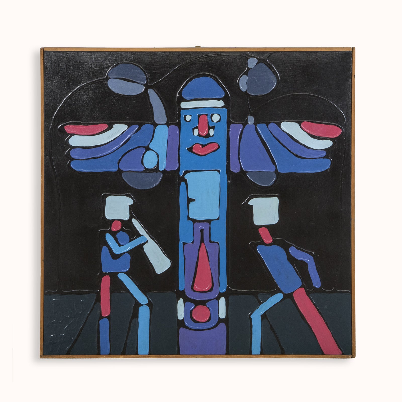 Abstract 1970s Italian artwork featuring a central totem-like figure with a face and wing shapes, surrounded by blue, red, and black forms on a dark background—Signed by F. (Francesco) Magli, dated 1977 and available at Wildschut Antiques.
