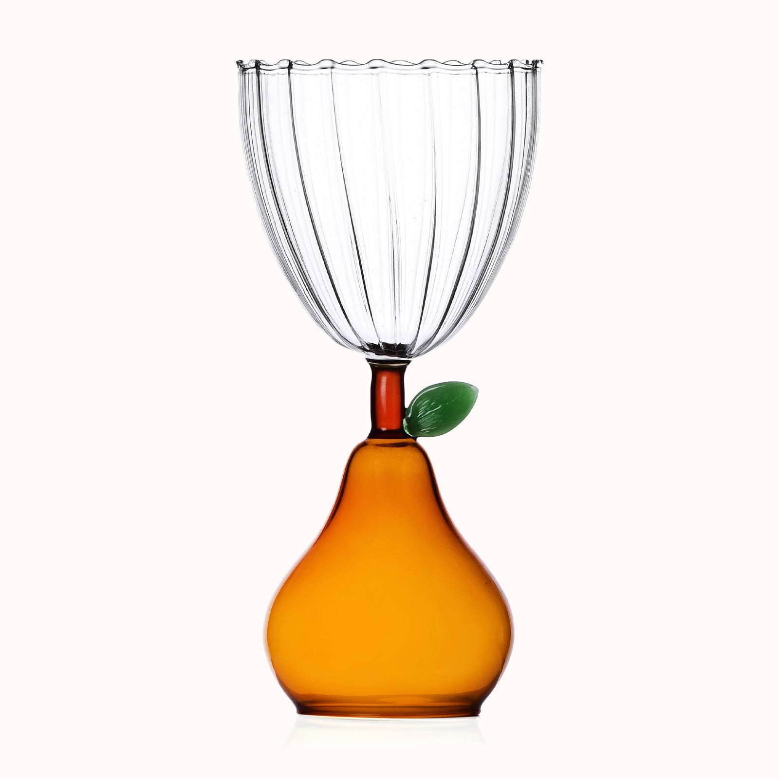 A pear-shaped amber-colored wine glass with a fruit design at the base and a clear glass, part of Ichendorf Milano's Fruit and Flower collection, available at Wildschut Antiques