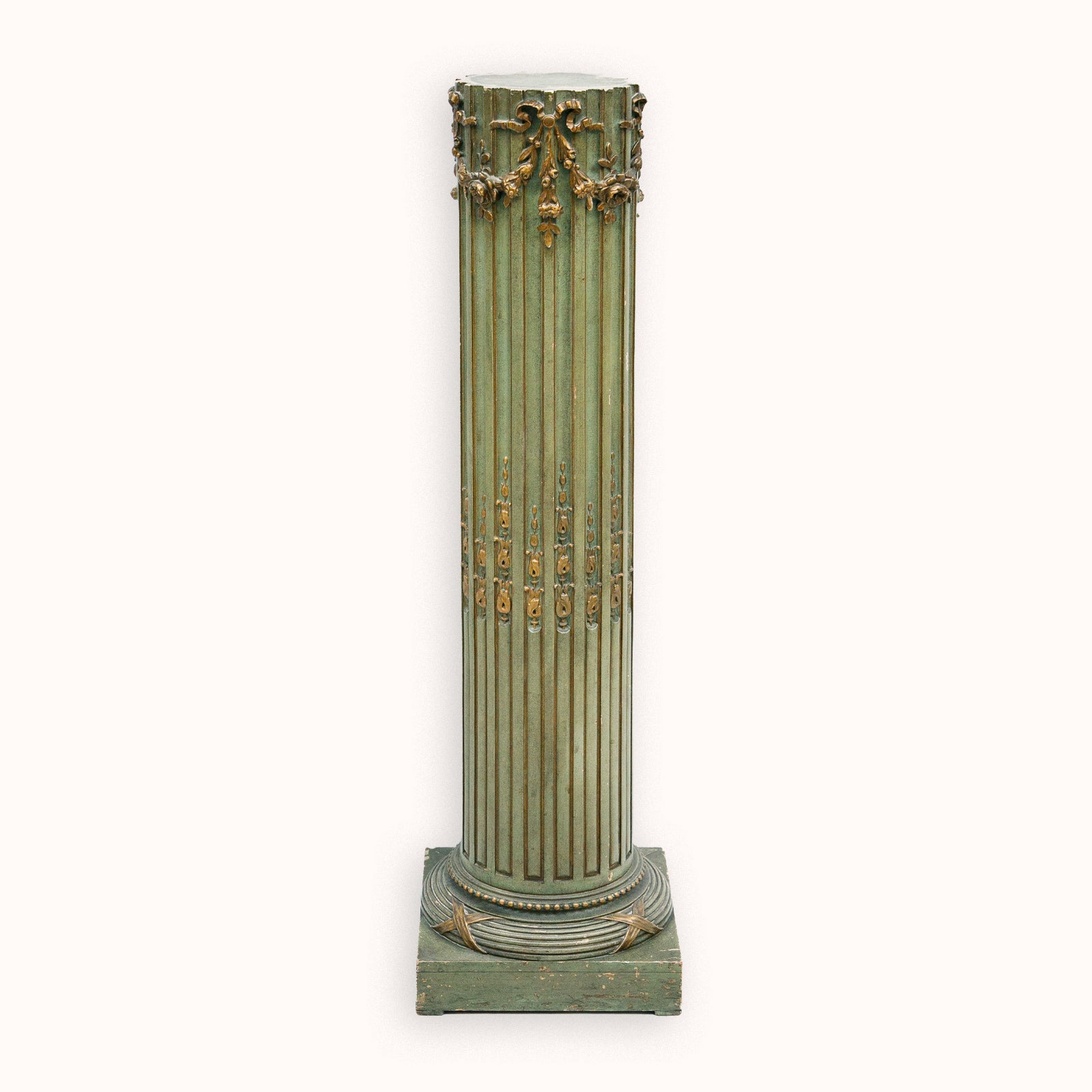 Decorative antique French olive green column with gold accents available at Wildschut Antiques
