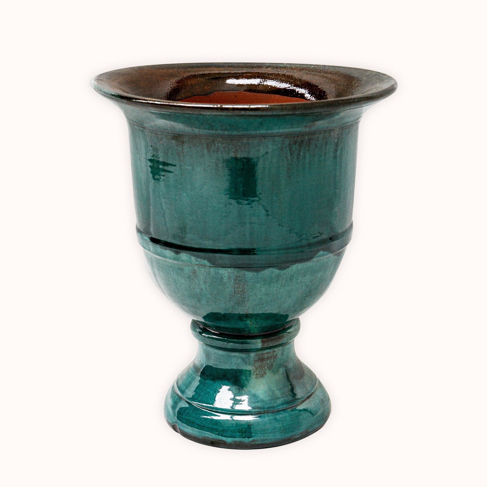 Teal ceramic French Anduze pot or planter displayed on a white background available at Wildschut Antiques
