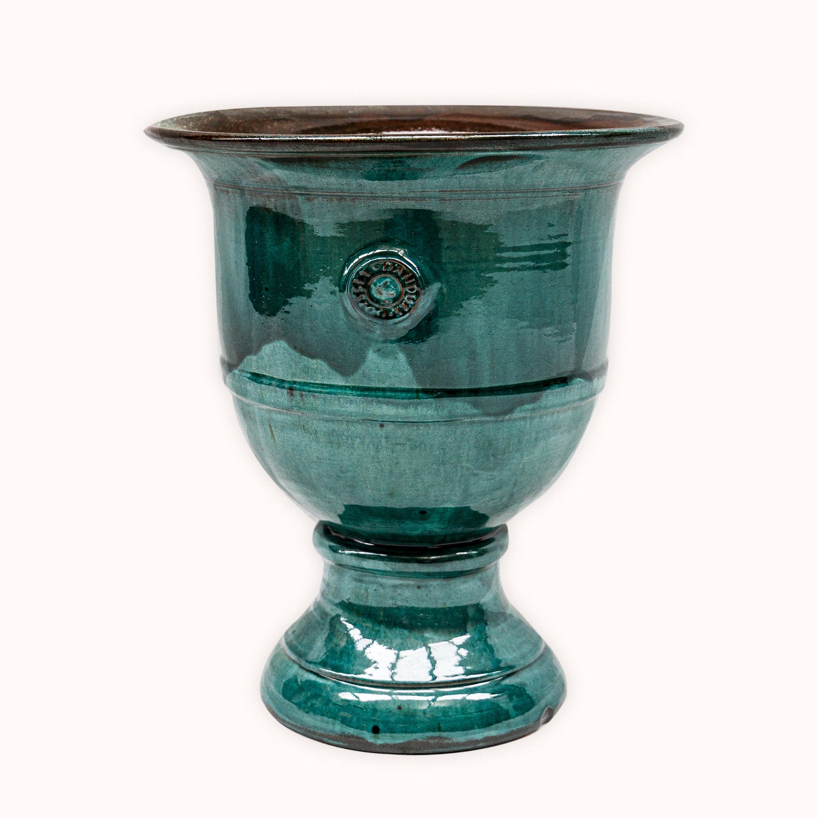 Teal ceramic French Anduze pot displayed on a white background available at Wildschut Antiques