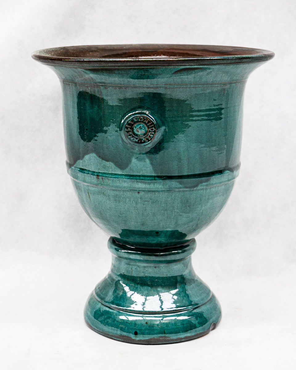 Teal ceramic French Anduze pot displayed on a white background available at Wildschut Antiques