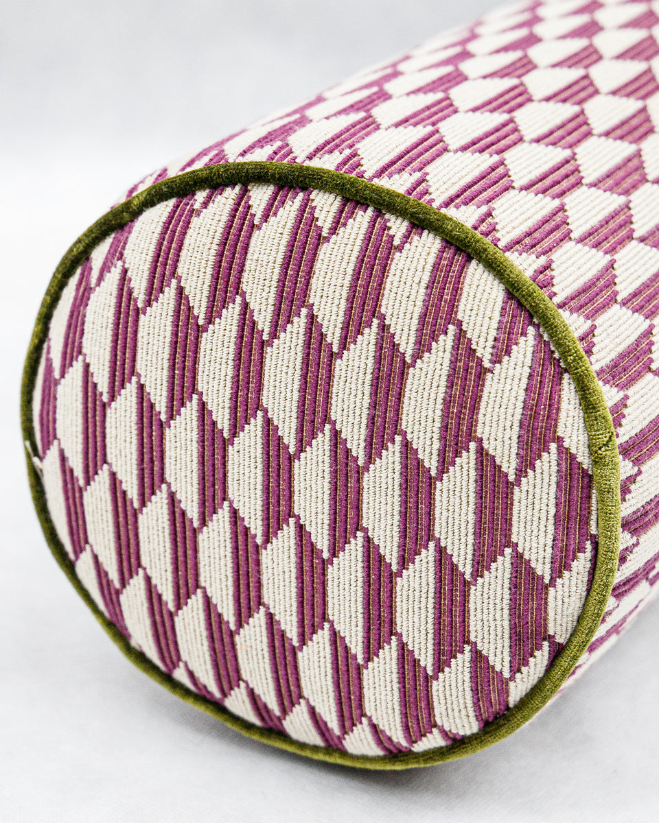 Decorative cylindrical pillow with geometric pattern on a white background available at Wildschut Antiques