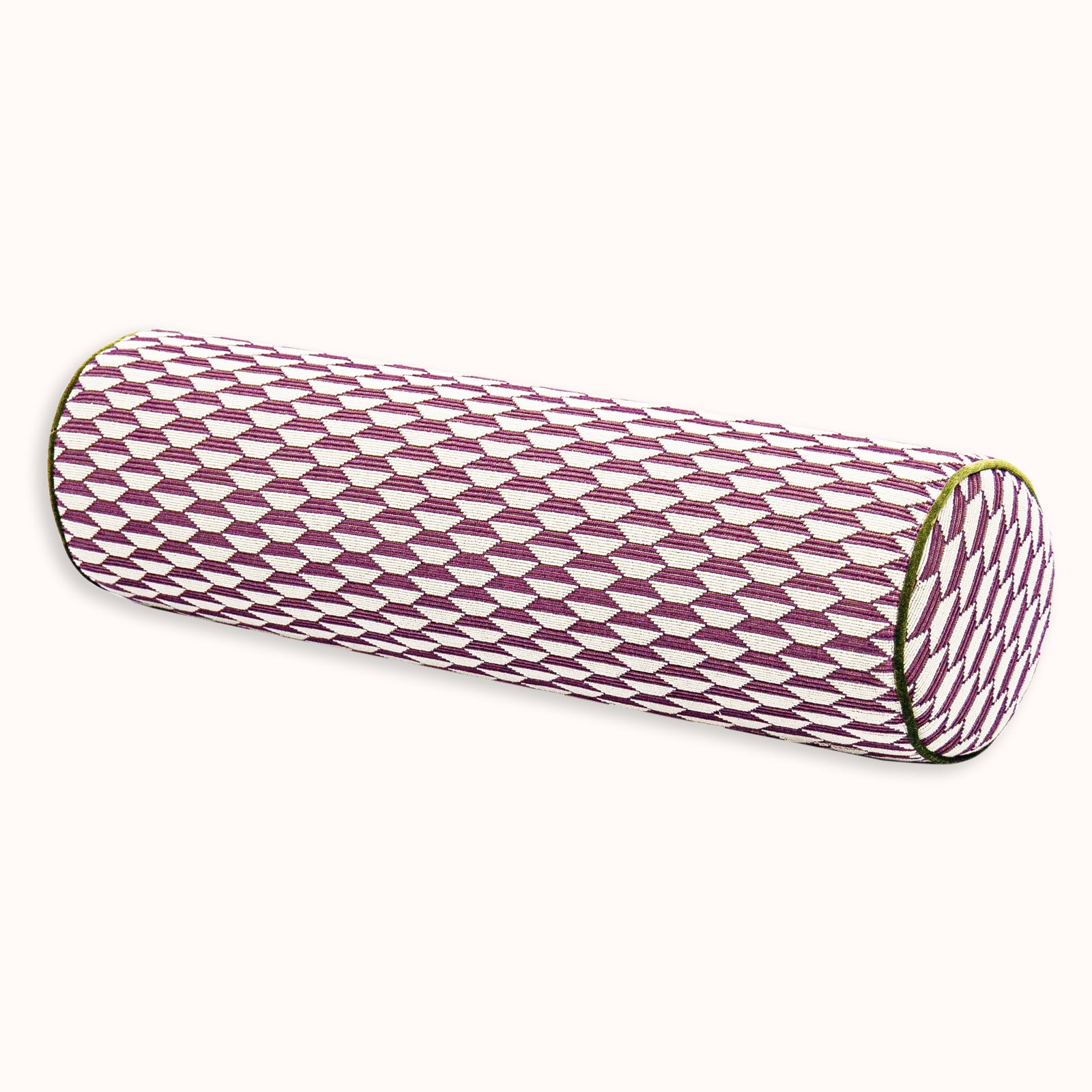 Cylindrical pillow with geometric pattern by Pierre Frey on a white background available at Wildschut Antiques