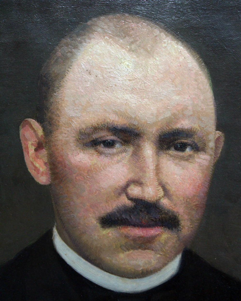 A close-up portrait painting of a man with a receding hairline, dark mustache, and a white high collar against a dark background.