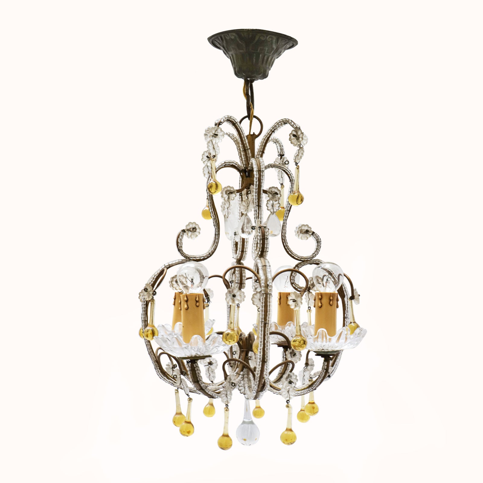 Small Crystal Beaded Yellow Italian Petite Chandelier Fixture