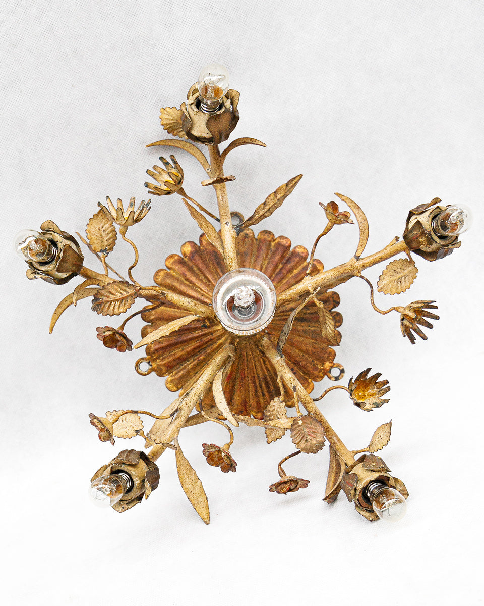 Decorative tole wall sconce or ceiling light with floral rose designs on a white background available at Wildschut Antiques