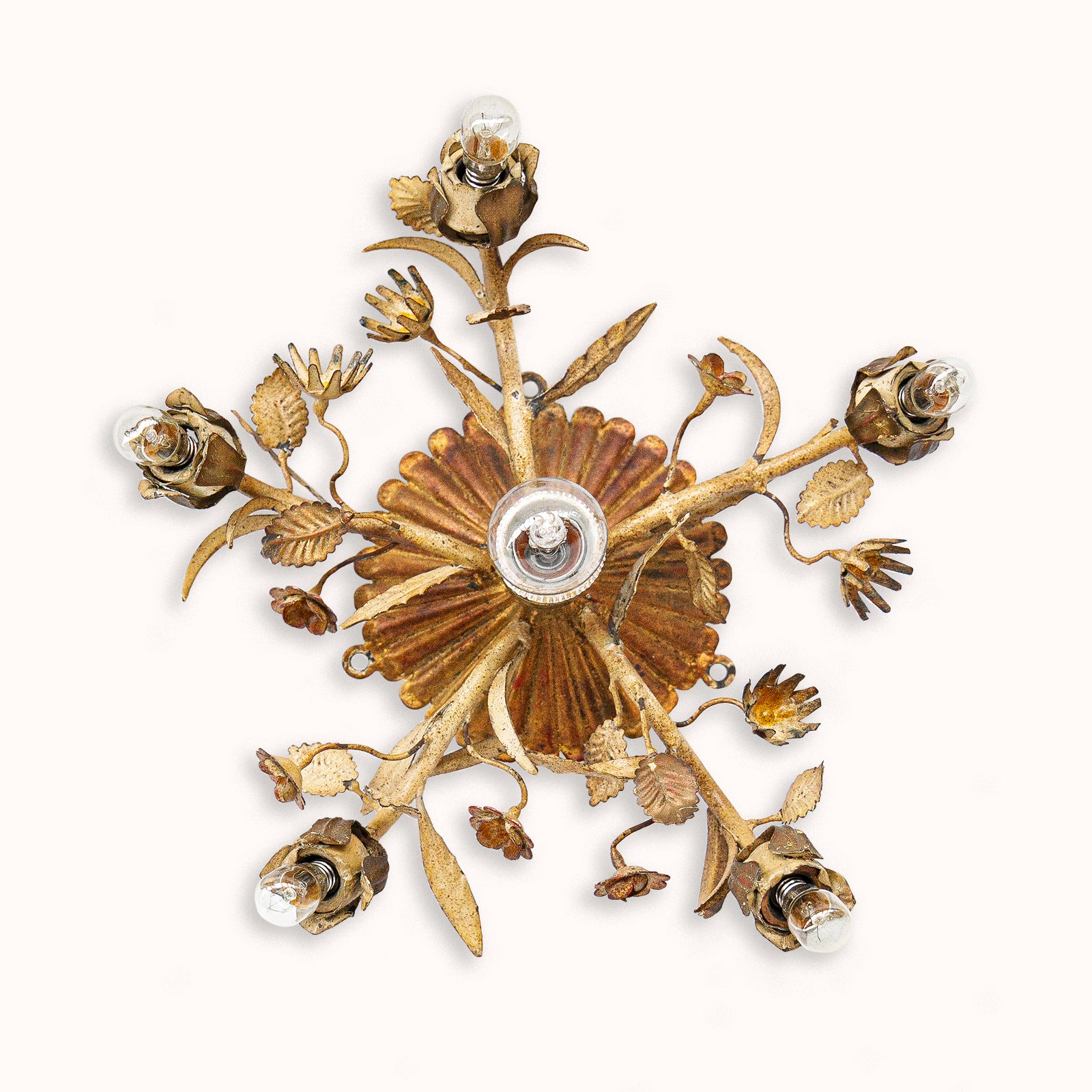 Decorative tole wall sconce or ceiling light with floral designs on a white background available at Wildschut Antiques