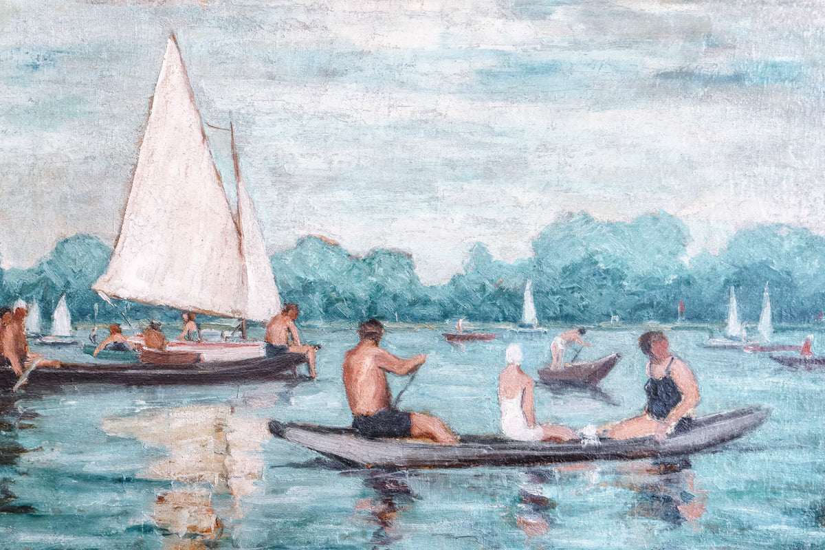 Close-up of an oil painting depicting figures in a rowboat with sailboats on a lake, set in a decorative wooden frame
