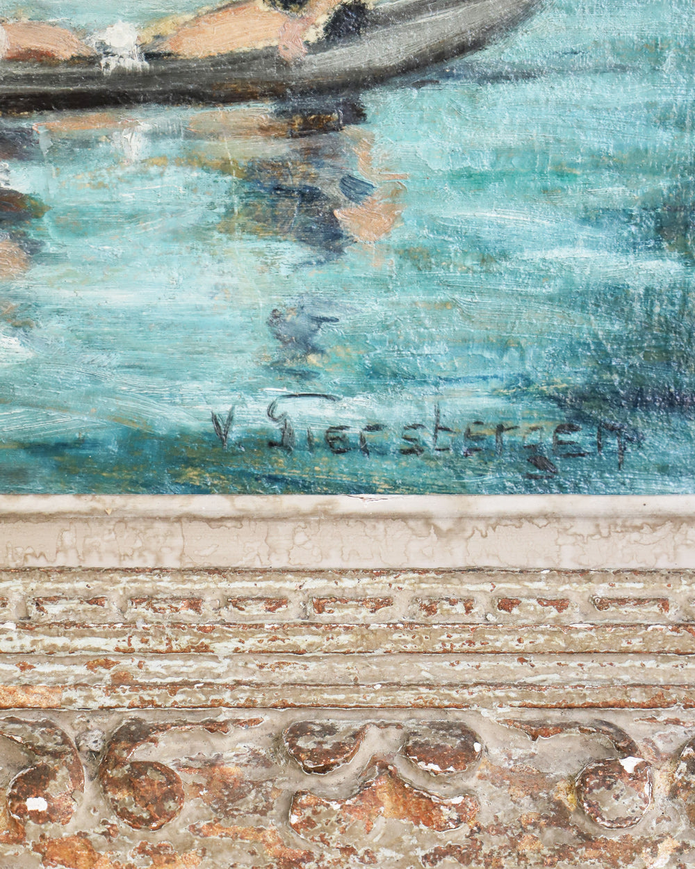 Close-up of an oil painting depicting figures in a rowboat with sailboats on a lake, set in a decorative wooden frame