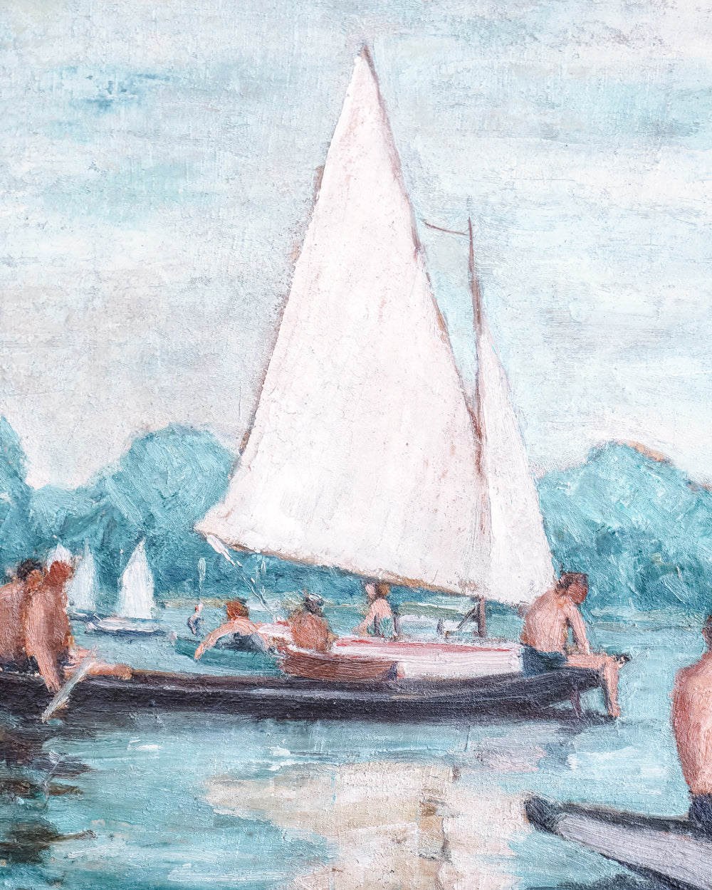Close-up of an oil painting depicting figures in a rowboat with sailboats on a lake, set in a decorative wooden frame