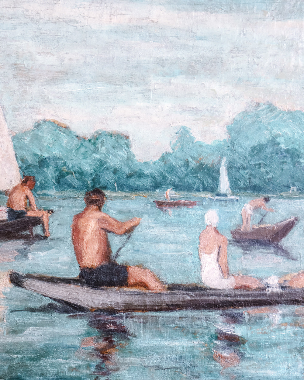 Close-up of an oil painting depicting figures in a rowboat with sailboats on a lake, set in a decorative wooden frame