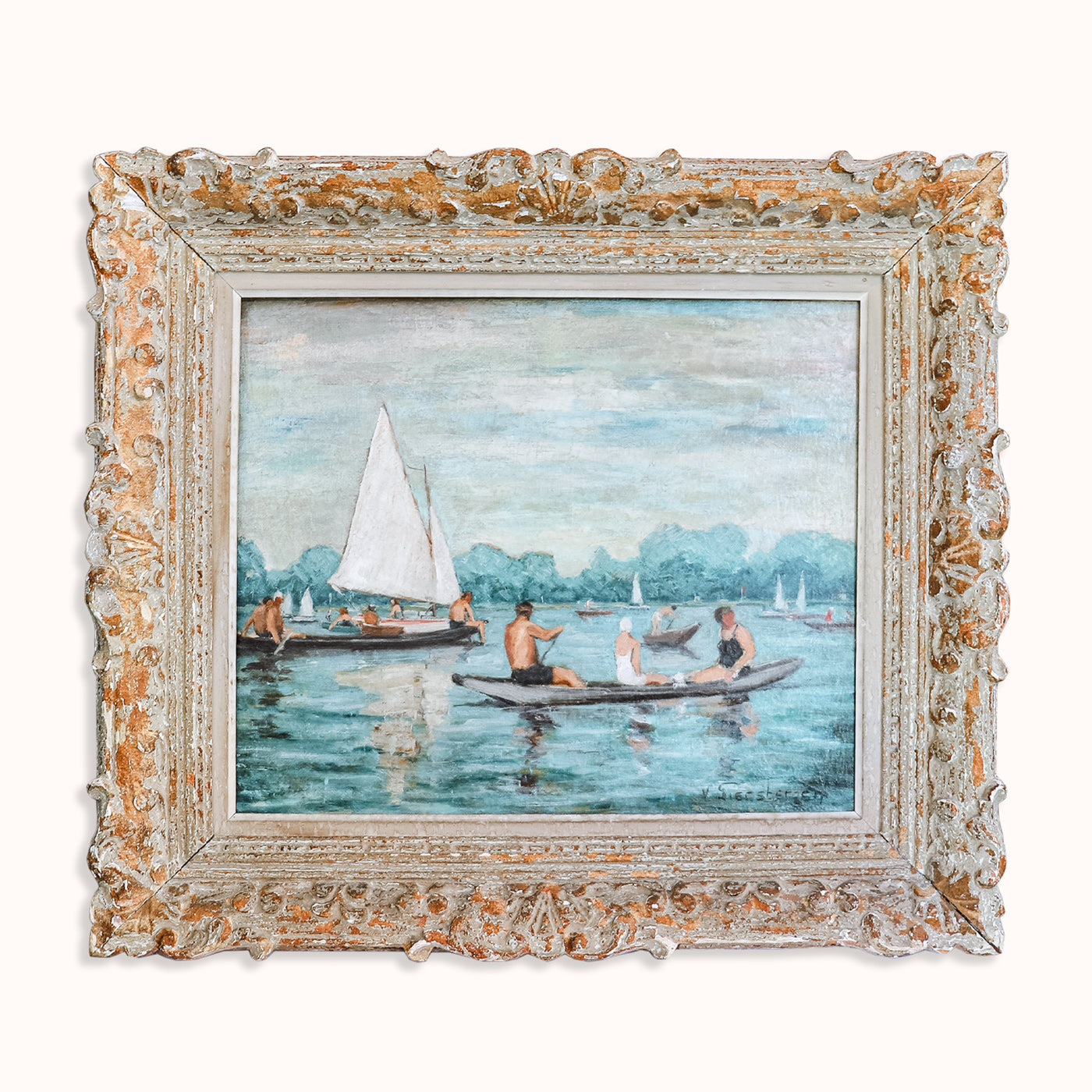 An oil painting depicting figures in a rowboat with sailboats on a lake, set in a decorative wooden frame with visible age and wear, available at Wildschut Antiques