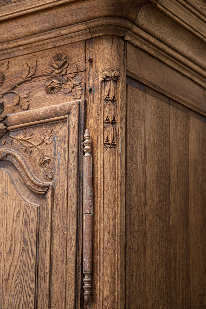 Close-up of a wooden door with intricate carvings and a decorative handle.