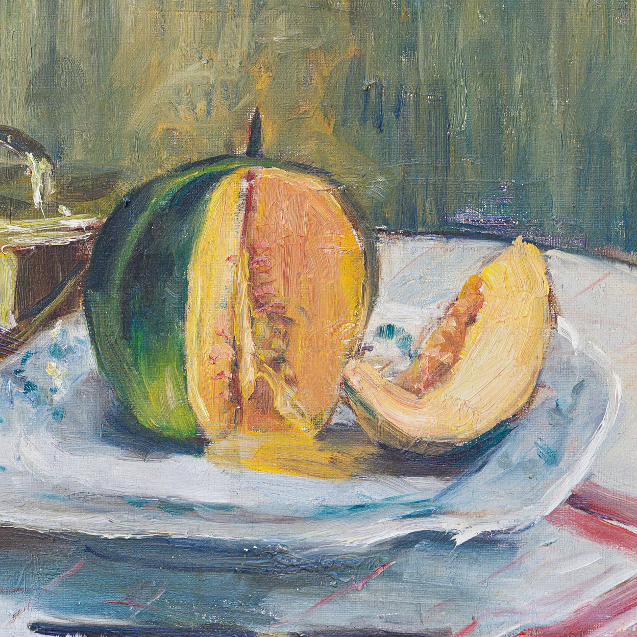 Close-up of a lovely colorful early 20th-century still life painting by Alexandre 'Alex' Denonne (Belgium, 1879–1953) depicting a sliced melon. Great heavy brushstrokes and texture.