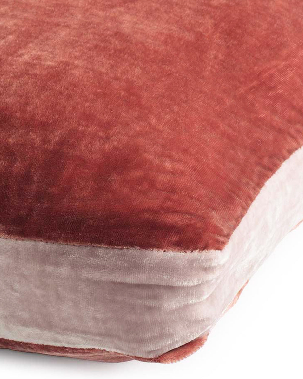 Close-up of a textured brique red silk velvet velour cushion with a soft pink border on a white background. Model James, designed by Monde Sauvage Paris, available at Wildschut Antiques.