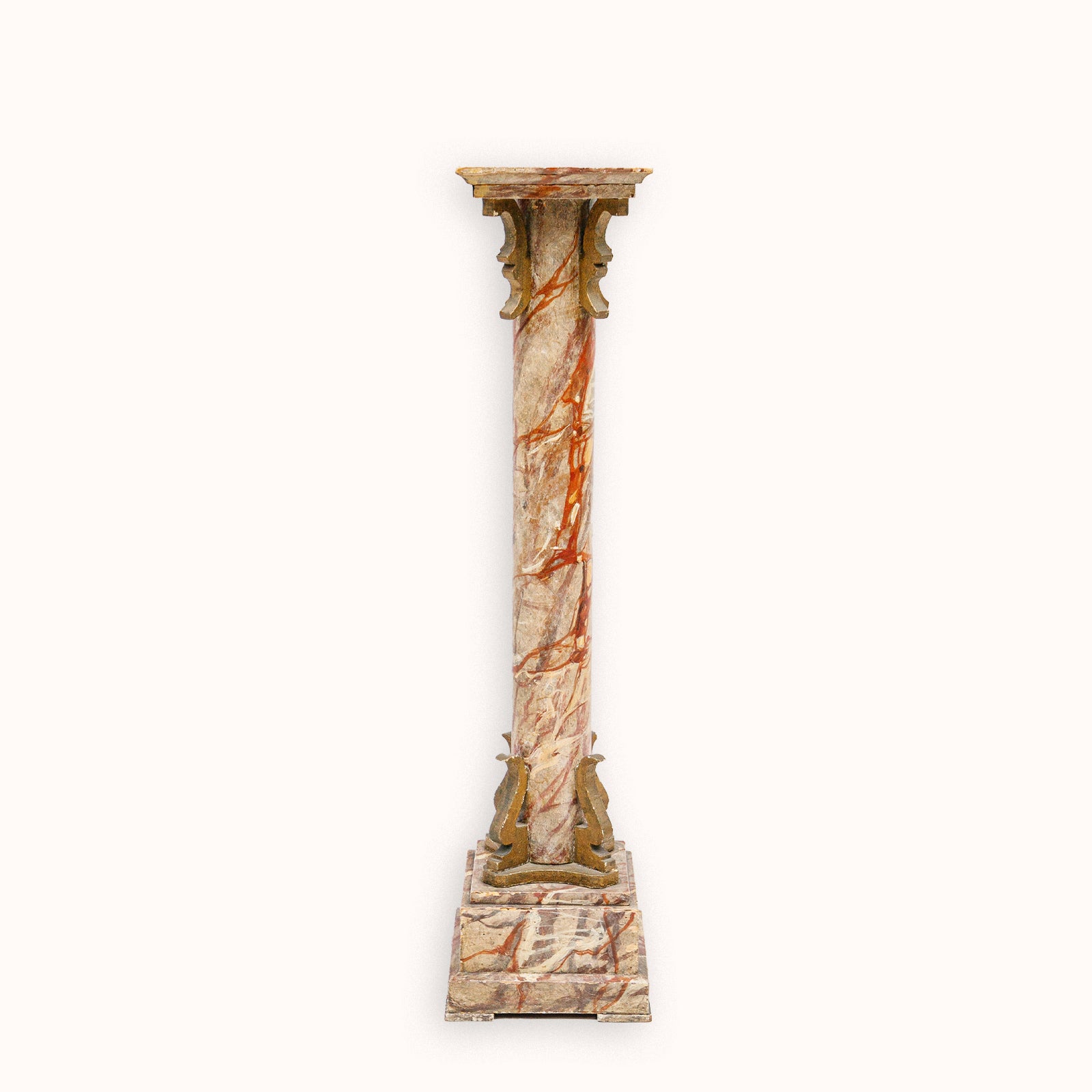 Decorative faux marble wooden column or pedestal with intricate design on a white background available at Wildschut Antiques