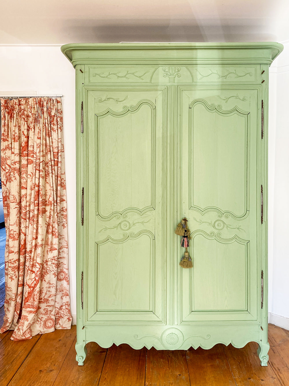 19th-century green painted French marriage armoire with carved foliage motifs from Wildschut Antiques