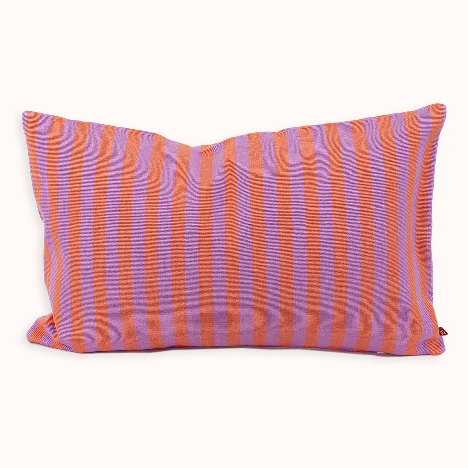A rectangular striped pillow with rose pink and lila stripes, featuring a high-quality down feather insert, available at Wildschut Antiques