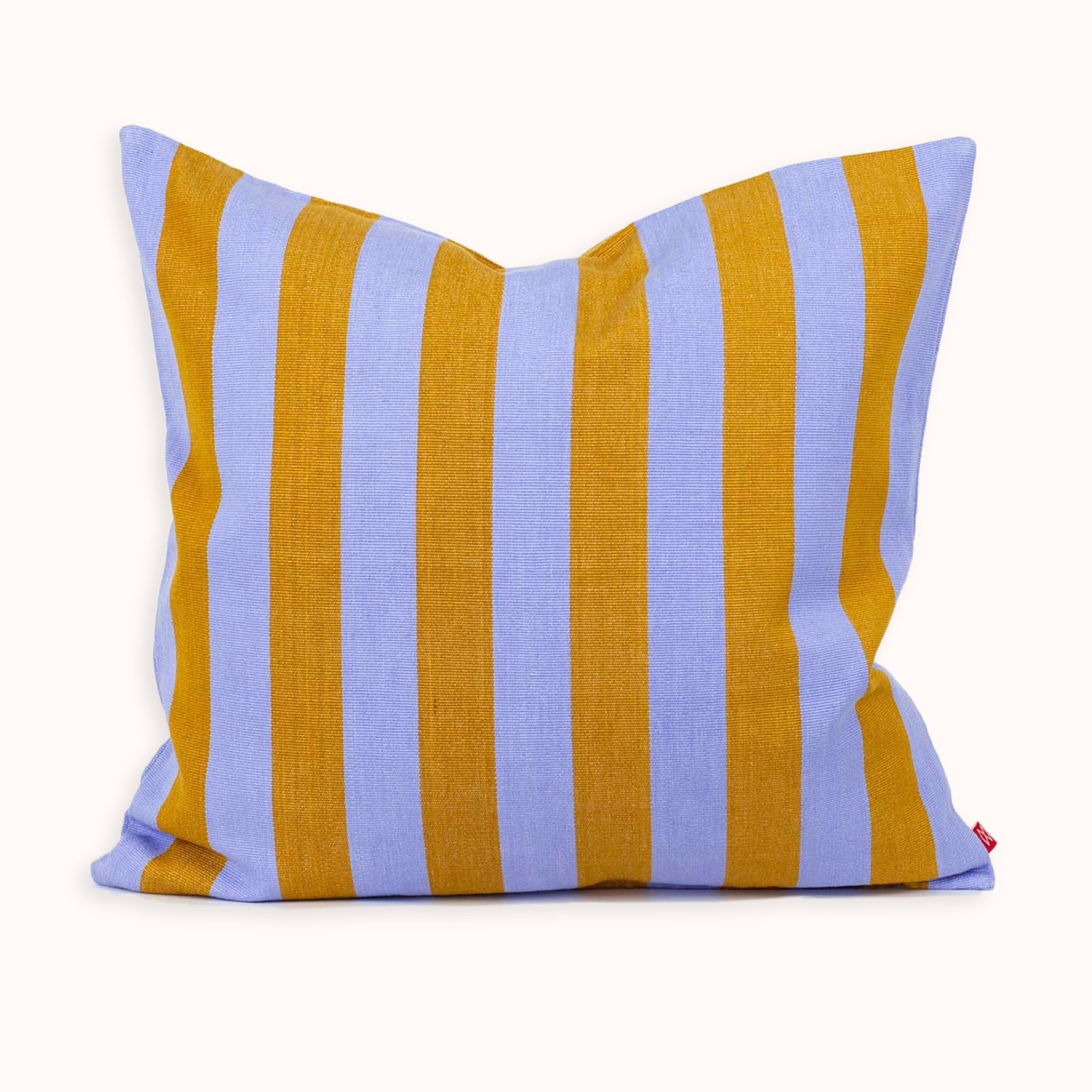 A square-shaped striped pillow with violet and mustard colors available at Wildschut Antiques