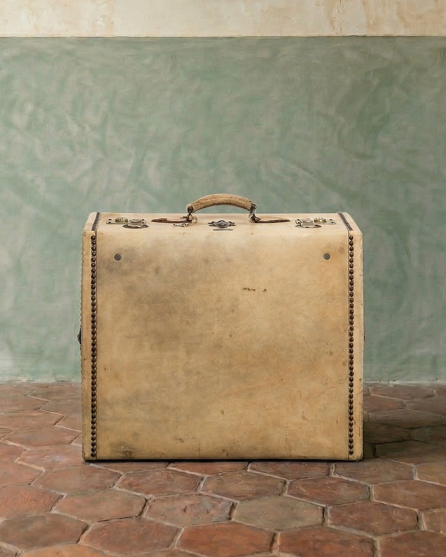 Vintage French Cream Lavoët Cube Shaped Suitcase or Valise