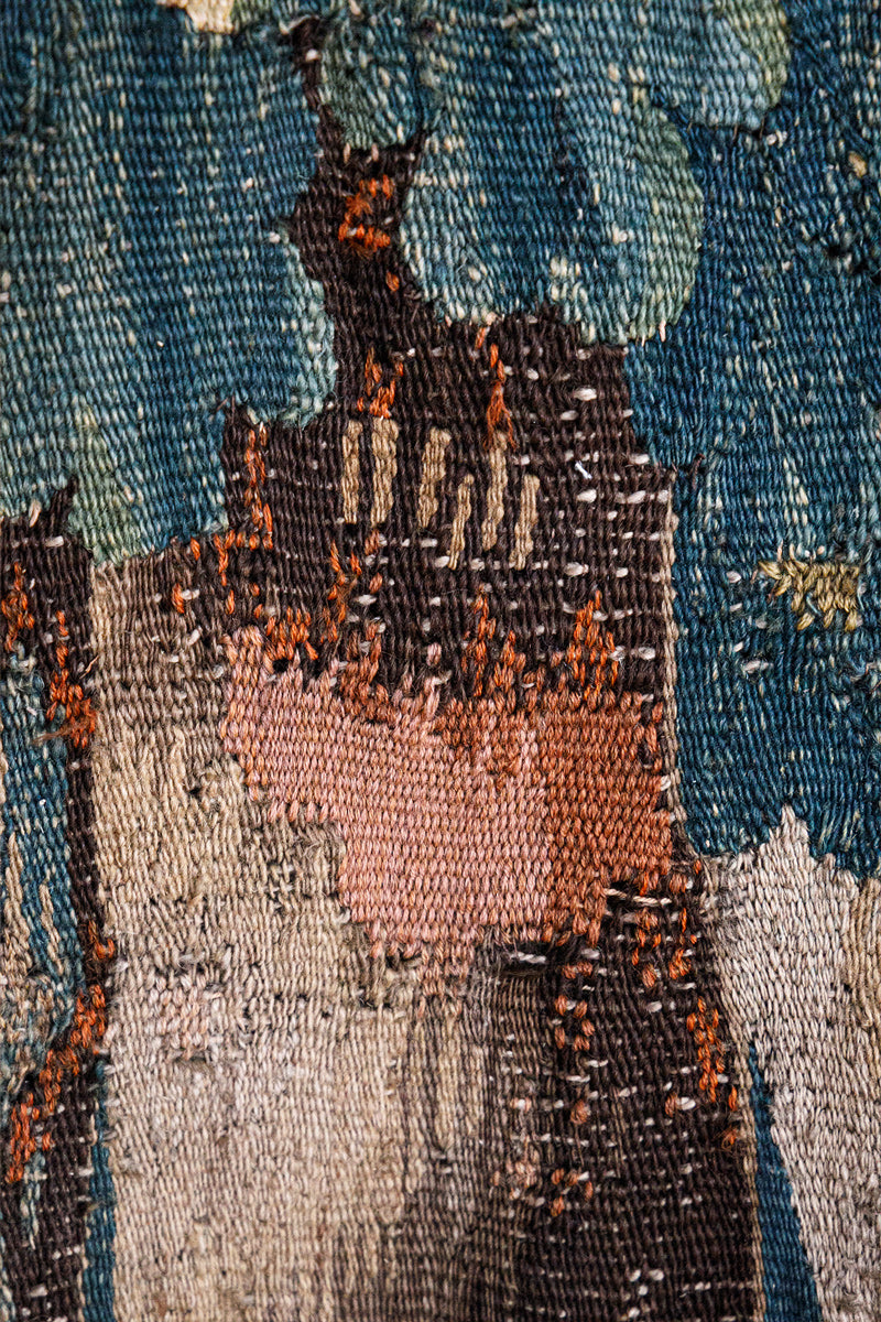 Close-up of a textured fabric with a pattern - antique Aubusson tapestry.
