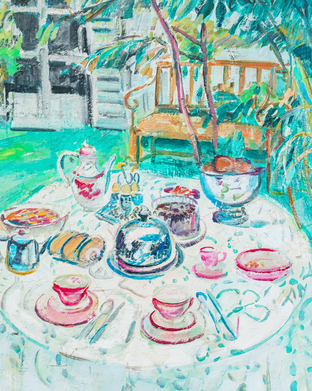 Close-up of an original oil painting by Robert Savary depicting a tea setting in a garden, with a table, cups, and cakes, framed in a gold gilt frame