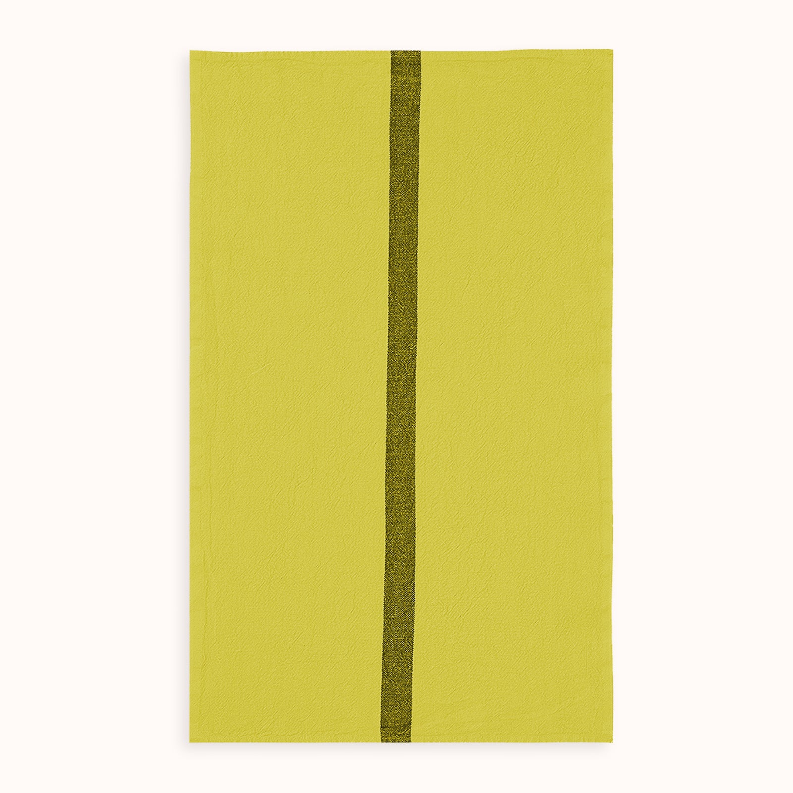 A solid yellow linen dish towel with a central dark green stripe by Charvet Editions available at Wildschut Antiques