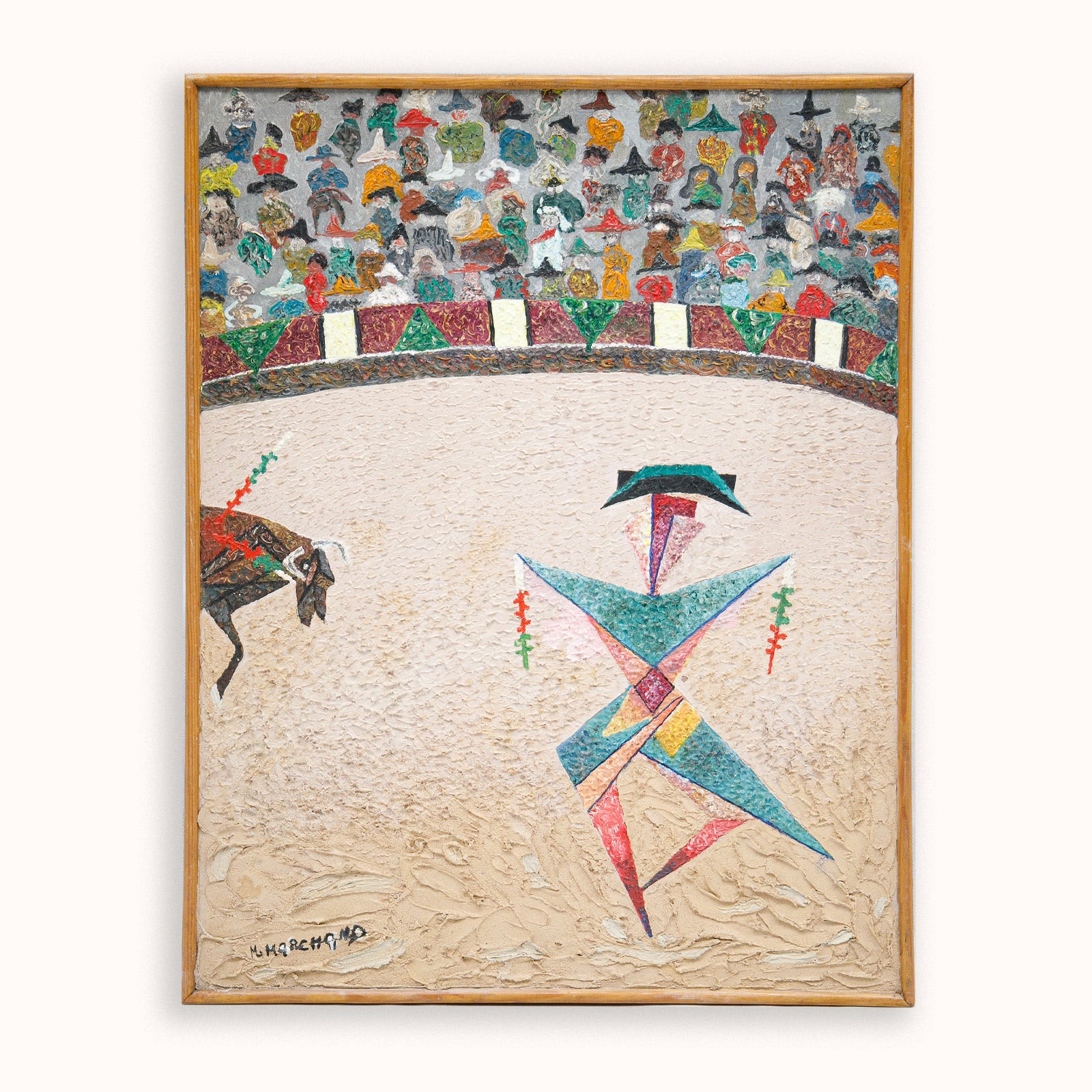 Colorful abstract artwork with geometric shapes and patterns depicting a bullfighter in the arena on a textured surface, available at Wildschut Antiques