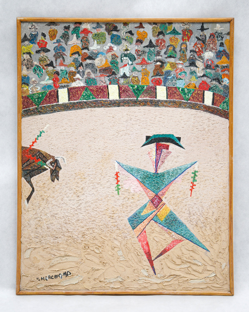 Colorful abstract artwork of a bullfighter in the arena with geometric shapes, framed in wood, from Wildschut Antiques