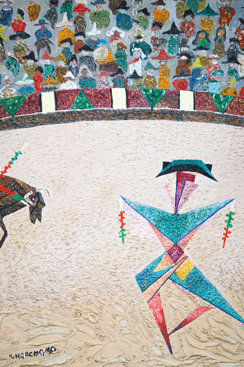 Artwork of a bullfighting scene with colorful figures and geometric patterns.