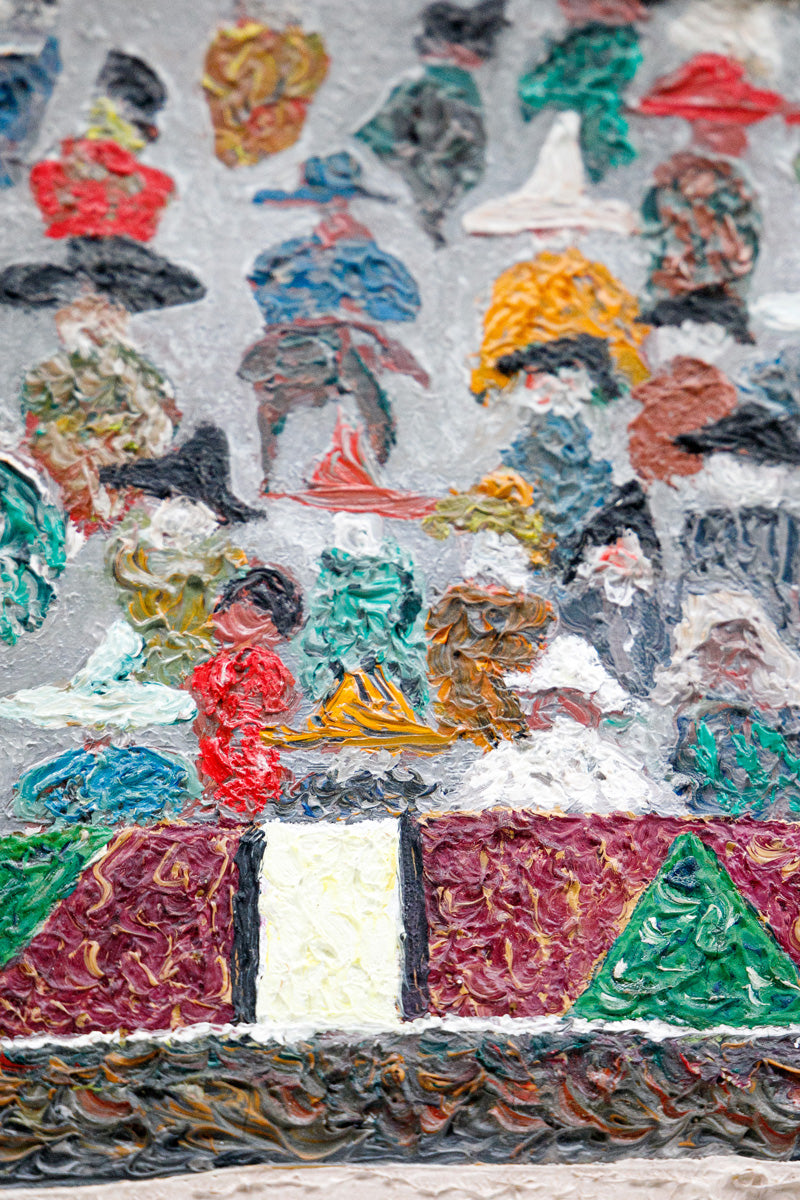Detail of an artwork with colorful figures and patterns on a textured background