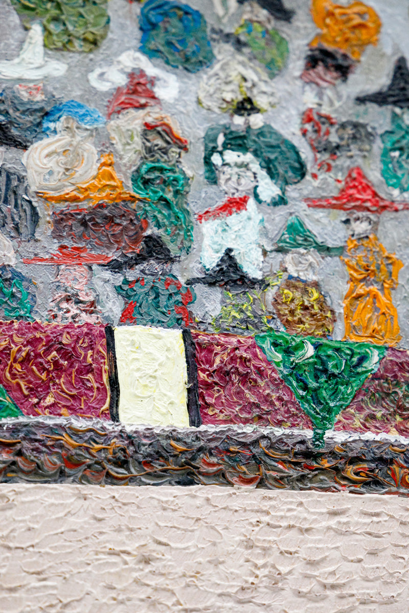 Colorful artwork in oil paint with various shapes and patterns. Detail of a colorful abstract artwork with geometric shapes and patterns depicting a bullfighter in the arena on a textured surface