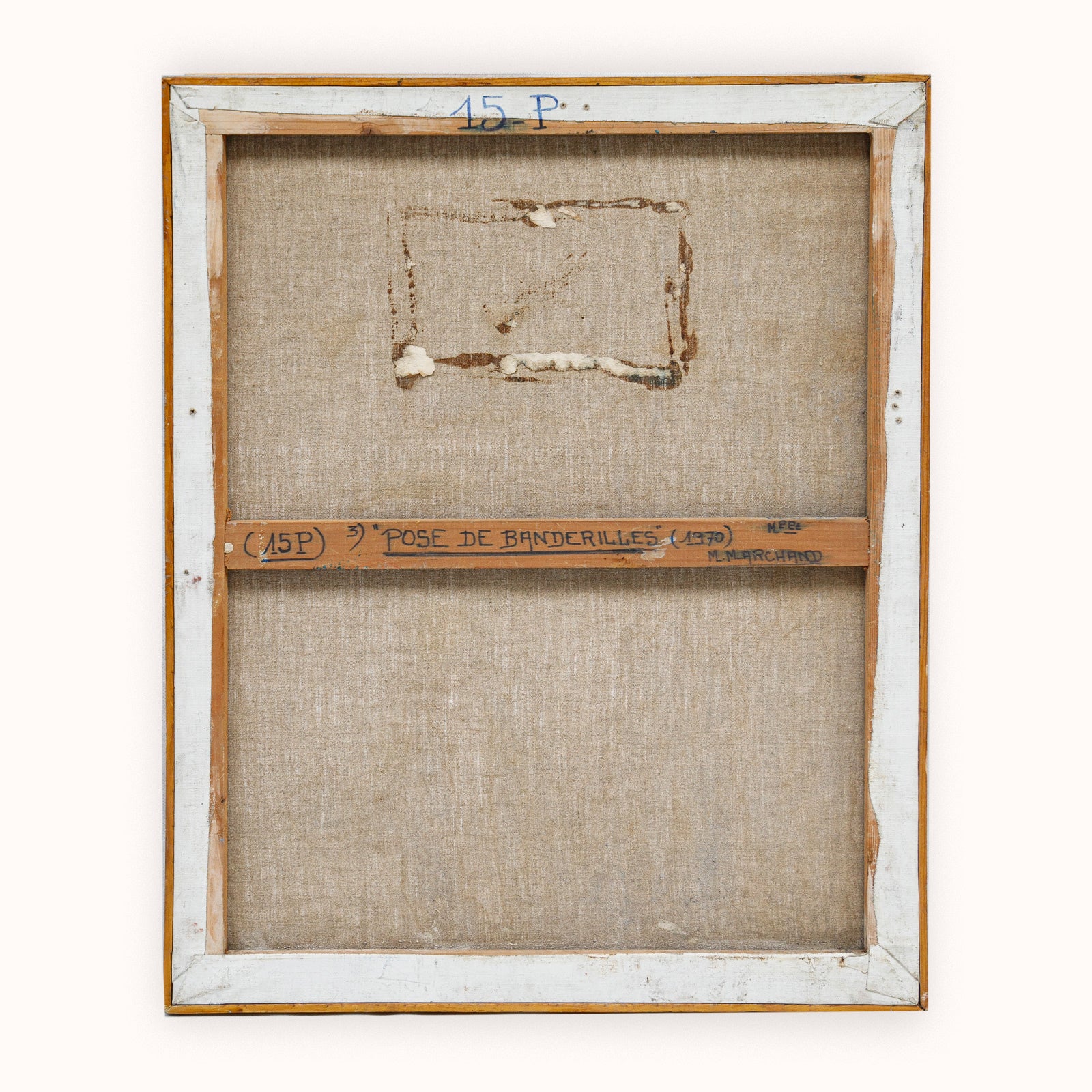 Back of a painting with text and a small drawing on a white background