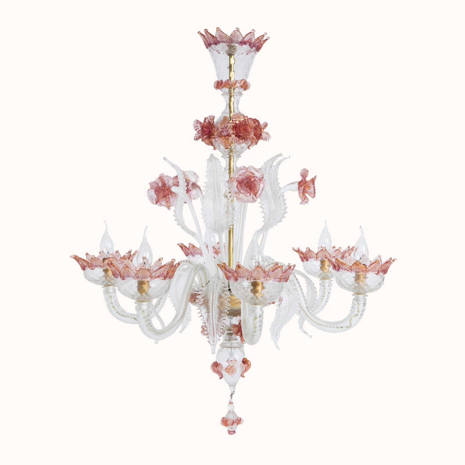 A Venetian Murano Glass 6-light chandelier with white glass and pink floral details, featuring intricate craftsmanship, available at Wildschut Antiques