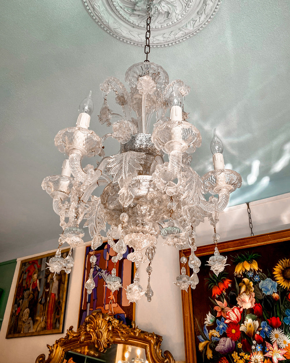 Venetian Hand Blown White Murano Glass 6-Lights Chandelier