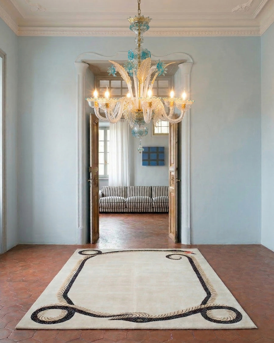 Venetian Murano Glass 6-Light Chandelier in White and Blue