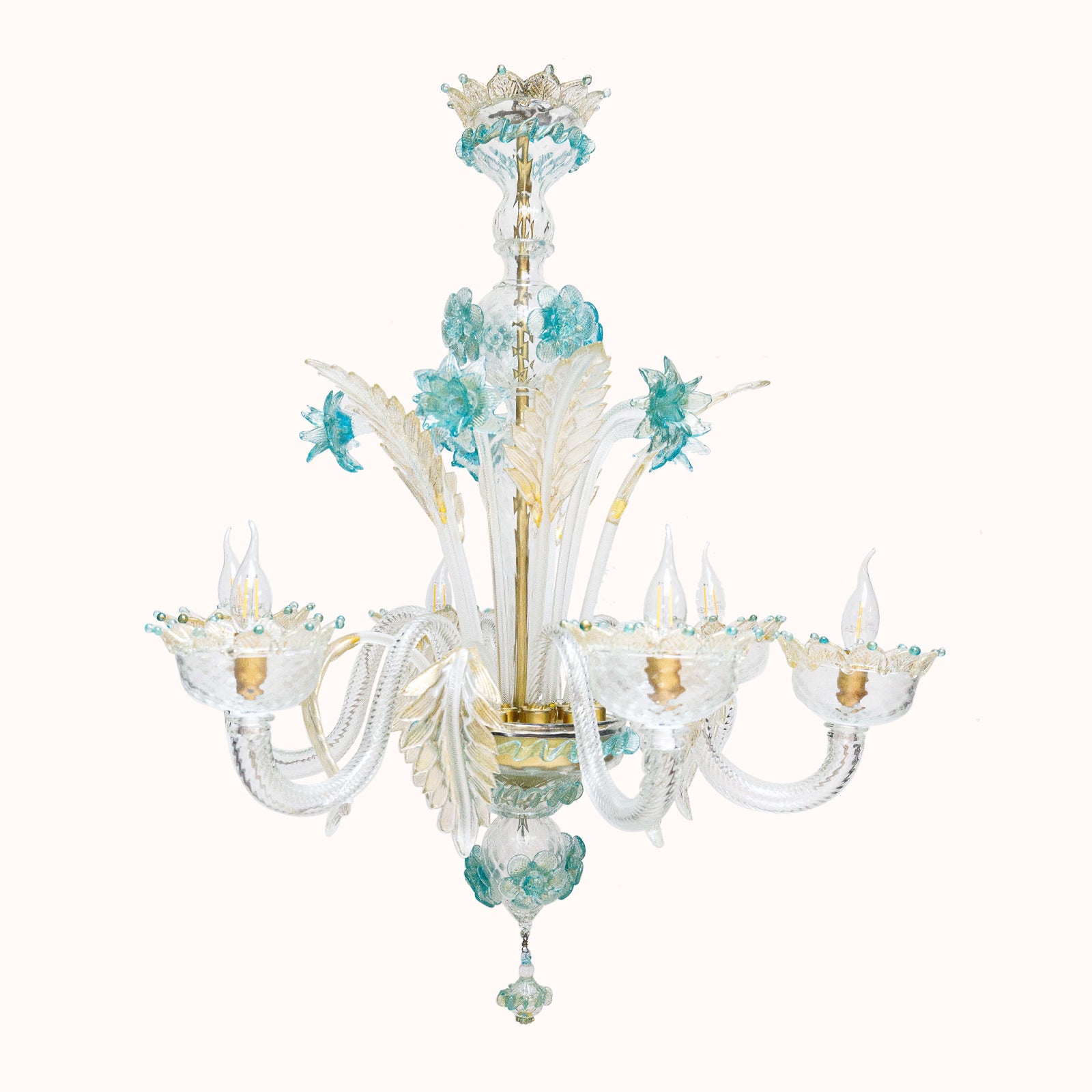 A Venetian Murano glass 6-light chandelier with white glass and blue and gold details, featuring intricate floral patterns, available at Wildschut Antiques