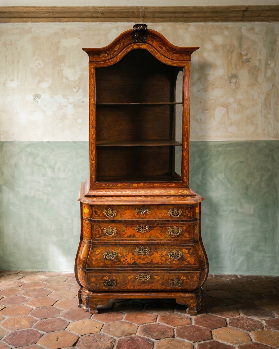 Small Antique Dutch Floral Marquetry Vitrine Cupboard