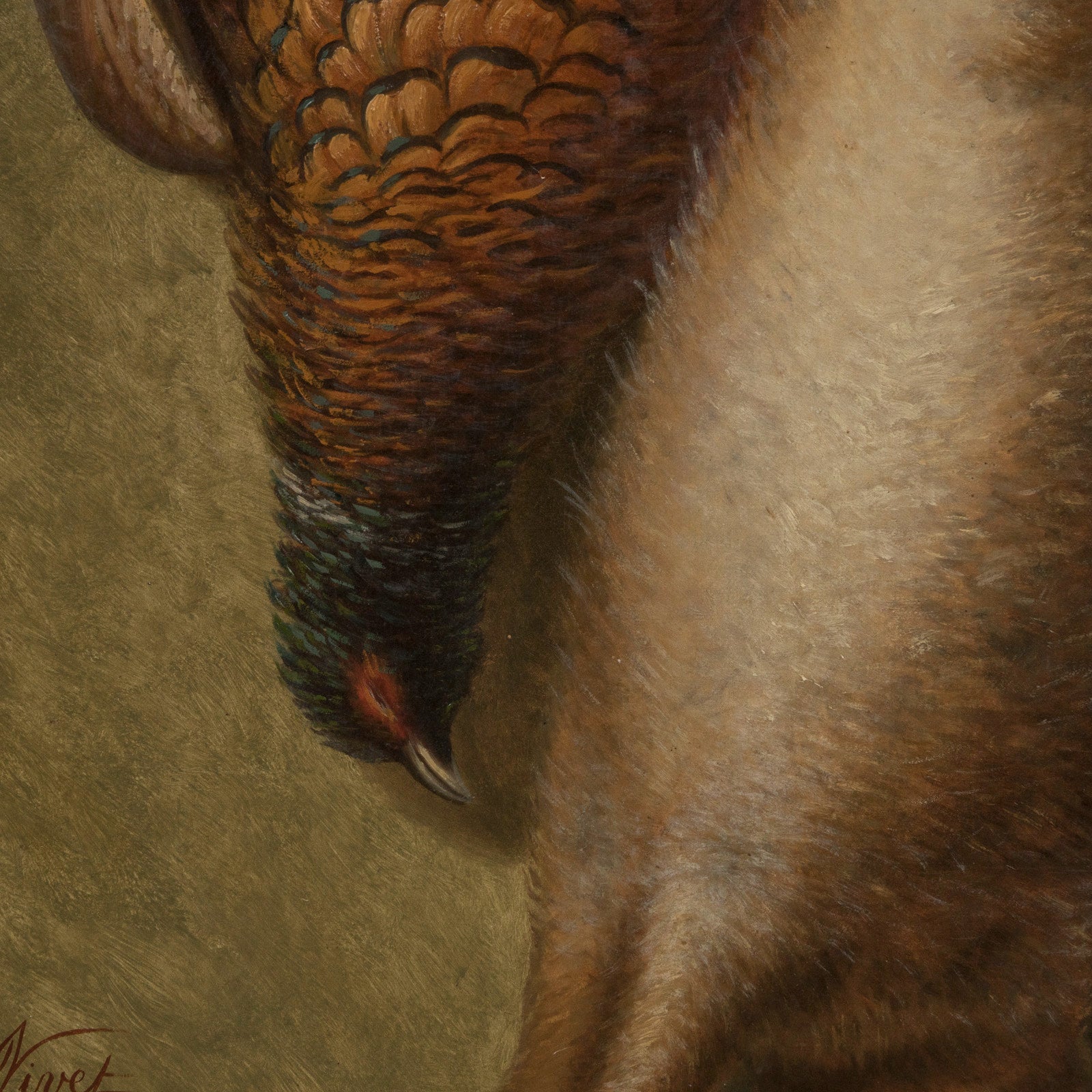 Close-up of an antique French oil painting showing a hunting still life with a rabbit and birds, featuring rich, textured brushwork.