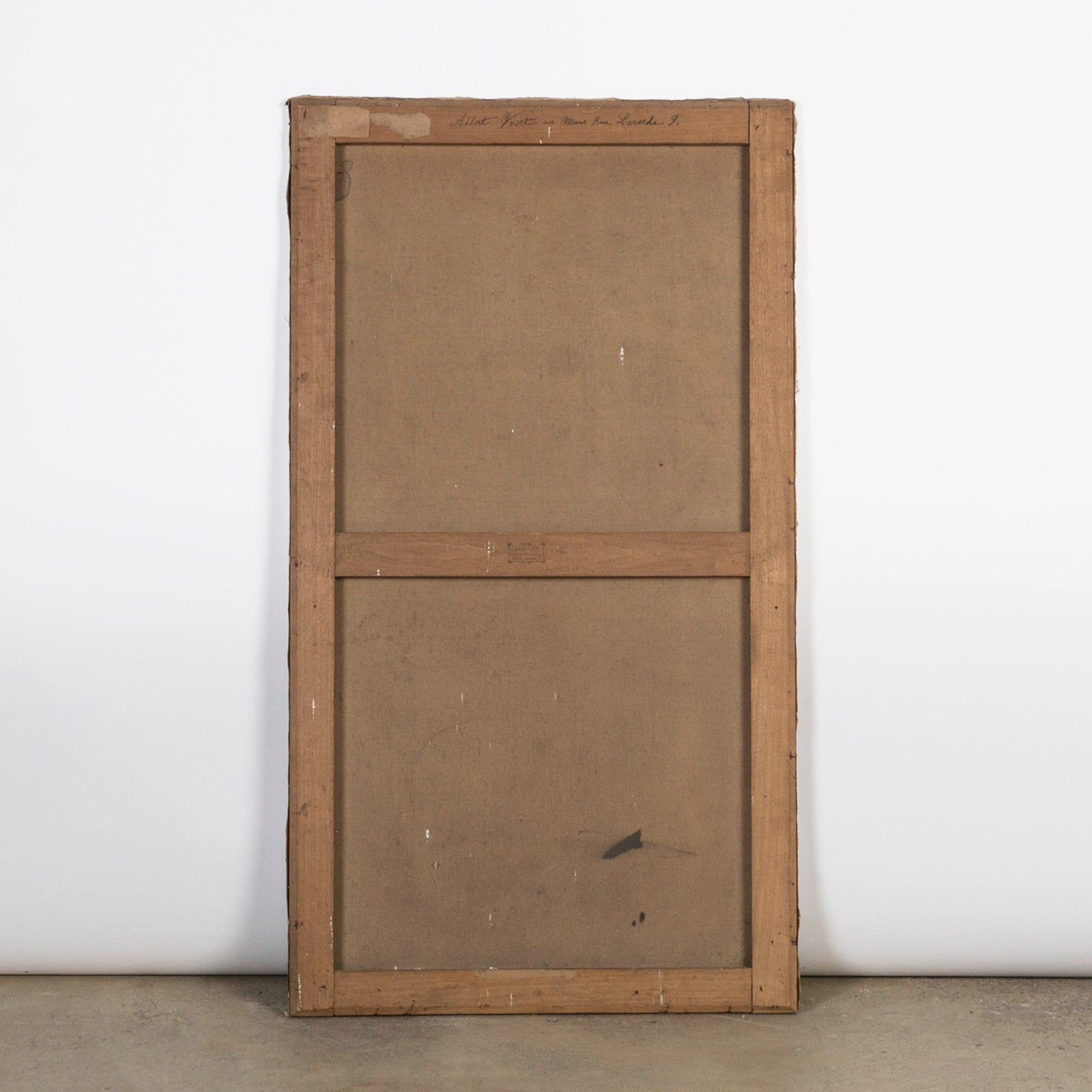 Backside of antique French oil painting depicting a hunting still life scene with a rabbit and birds