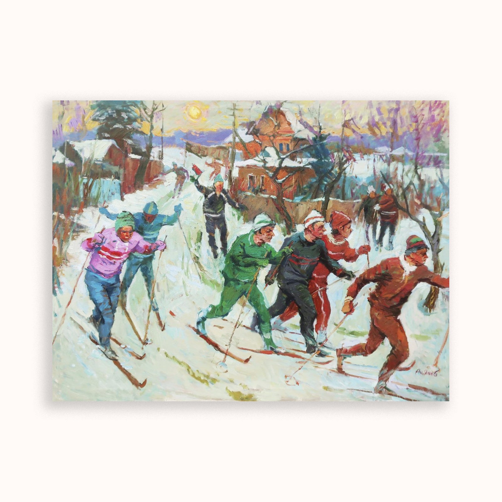 Painting of people skiing in a snowy village scene