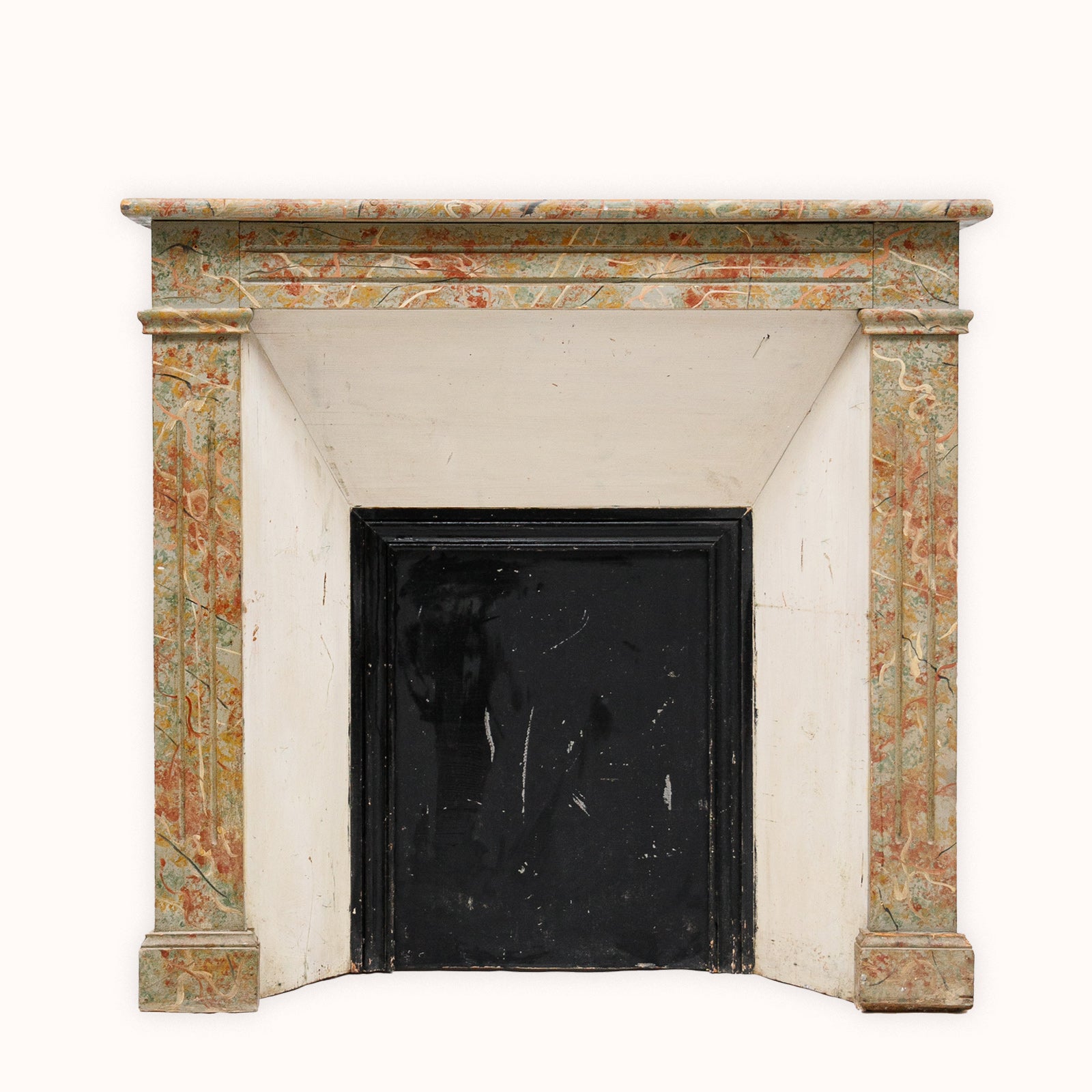 Decorative French antique "faux" or fake marble wooden fireplace mantel, available at Wildschut Antiques